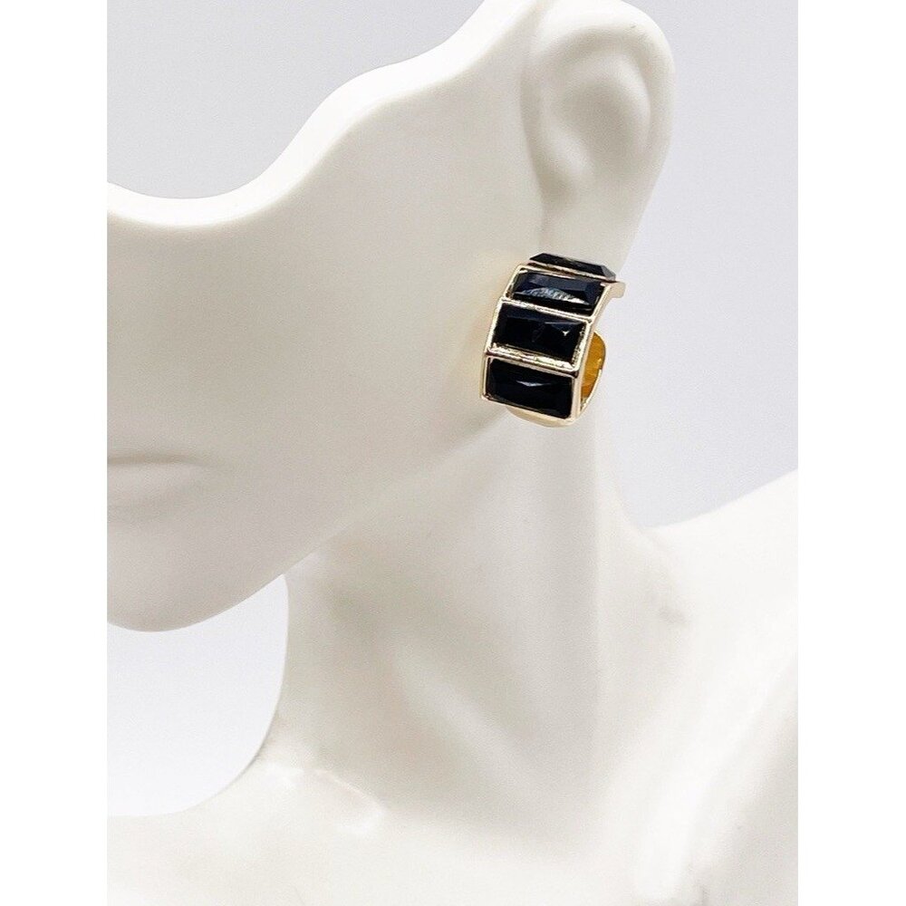 S&S Gold Tone Black Faceted Glass Huggie Hoop Earrings Retro Classy Chunky Style